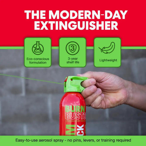 Hand holding a red canister labeled 'Burn Buster' with green top, promoting eco-conscious formulation and 3-year shelf life.