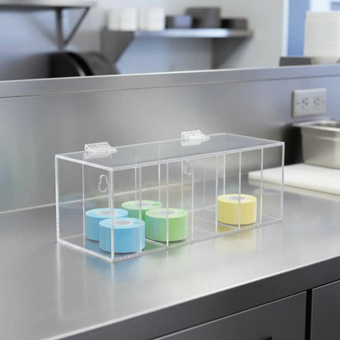 Slick Acrylic Label Organizer With Split Dividers To Keep Ya Organized And Ditch The Clutter Clear Hinged Dispenser Box with colorful tape.
