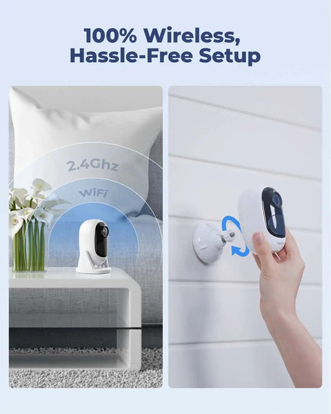 Indoor Wireless Security Camera With Battery Power No Hub Needed 3MP Night Vision Smart Human And Vehicle Detection Argus 2E on table and wall.