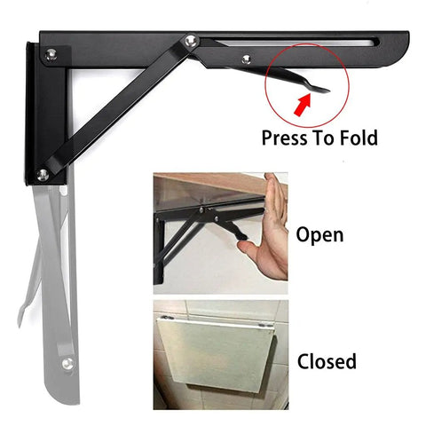 Image showing Sturdy Folding Shelf Brackets Set, Heavy Duty Steel Triangle Hinge Brackets in open and closed positions with fold action.