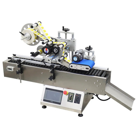 Heavy Duty Fully Automatic Desktop Conveyor Roller Horizontal Labeling Machine For Round Bottles Cans And Wine featuring label applicator and roller track.