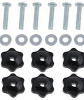 Ergonomic T Track Knob Kit With Galvanized Screws Nuts And Washers Set Of 6 For One Quarter Twenty Thread Bolts shown in black and silver.