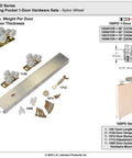 Commercial Grade Pocket Door Hardware Kit With Top Hung Nylon Wheel For Pocket And Sliding Doors, 125 Lb Capacity, kit contents and diagram