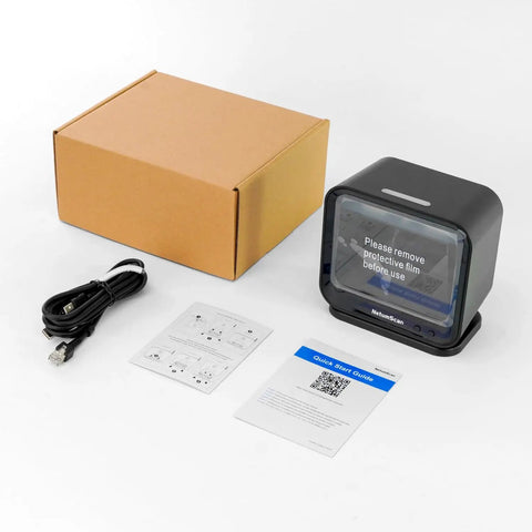 Hands Free USB Barcode Scanner With Auto Sensor Trigger Reads 1D 2D And QR Codes No Fuss Fast For POS Retail Warehouse And Inventory Management Plug And Play kit including cable, manual, and box.