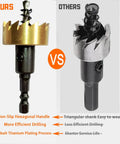 Hardcore Hss Titanium Hole Saw Kit With Killer Sharp Teeth For Smashing Through Steel Iron Aluminum And Plastic Includes Allen Wrenches for comparison image showing features.