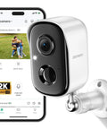 Wireless Outdoor Security Cam System With 2K HD Color Night Vision, AI Motion Detection, Spotlight Siren Alarm displayed with smartphone app.