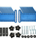 Adjustable Woodworking Featherboard Set Boss Level Fence Control Guide For Table Saw And Router Table Stackable Safety Push Block With No Sweat Setup And Secure Stock Hold 2 Pack, blue plastic clamps and accessories.