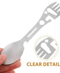 Close-up of stainless steel Two Piece Outdoor Spork And Fork Set Made Of Stainless Steel Reusable Flatware With Built In Bottle Opener