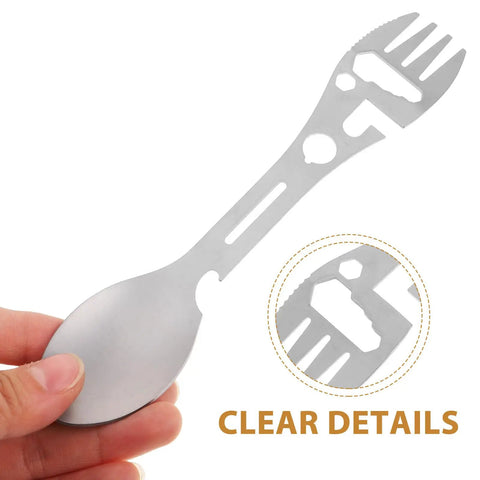 Close-up of stainless steel Two Piece Outdoor Spork And Fork Set Made Of Stainless Steel Reusable Flatware With Built In Bottle Opener