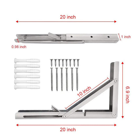 Heavy Duty Folding Shelf Brackets 20 Inch Two Pack Stainless Steel Collapsible Wall Mount with screws and measurements