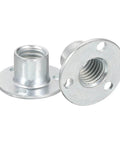Heavy Duty M10 Brad Hole Tee Nuts 5 Pack Carbon Steel Round Base Screw In Flange Female Thread Inserts For Furniture Woodworking, shown from the side.