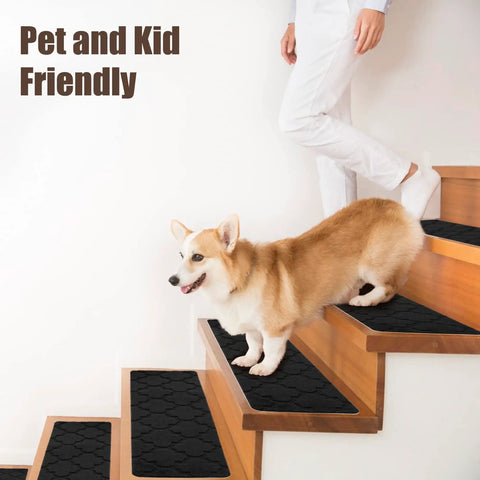 Dog on wooden stairs with Non Slip Stair Treads Carpet For Wooden And Tile Steps 8x30 Inches 15 Pack Easy Install With Reusable Adhesive Safe For The Elderly Children And Pets.