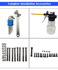 Line boring tool accessory kit with hex key set, adjustable wrench, spray bottle, and assorted bolts and nuts.