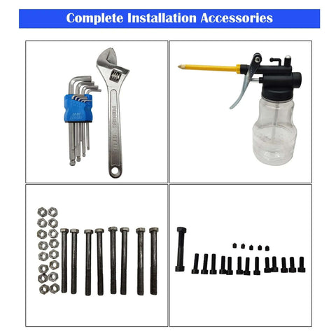 Line boring tool accessory kit with hex key set, adjustable wrench, spray bottle, and assorted bolts and nuts.