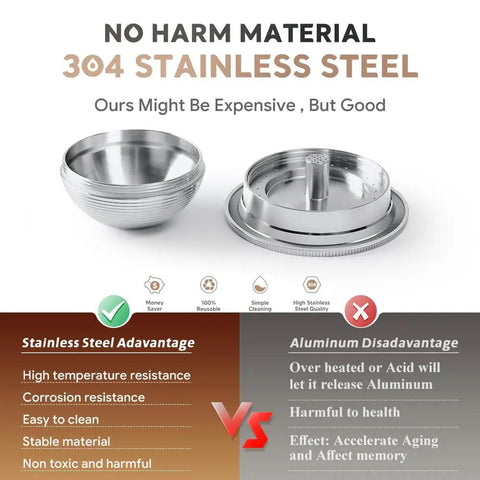 Comparison of stainless steel and aluminum for coffee capsules in Stainless Steel Reusable Coffee Capsule For Nespresso VertuoLine Machines Eco Friendly Refillable Pod 70ml Espresso Cup Dope For Home Baristas Save Money Every Brew Not Compatible With Vertuo Next Or POP