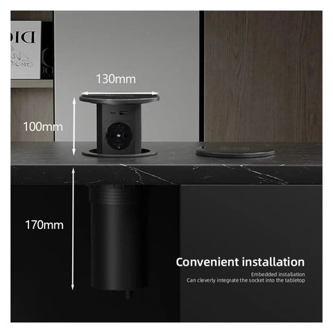 Top Shelf Pop Up Countertop Outlet With Auto Lift Retractable Body Includes USB Type C Port And Snappy Wireless Charger showed installed dimensions.