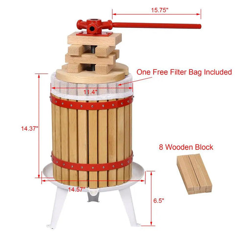 Heavy Duty Wooden Fruit Press With Oak Frame And Stainless Steel Parts, 18L Capacity Home Wine And Juice Maker For Apples Grapes And Berries, Easy Turn Hand Crank, Built To Last Kitchen Press. Front view with 8 wooden blocks