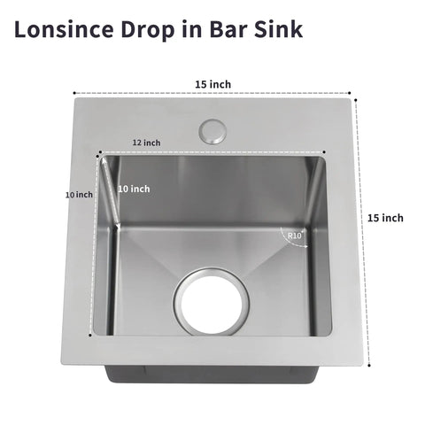 Drop In Bar Sink 15 By 15 Inch 16 Gauge Stainless Steel For Outdoor Wet Bar And RV Sinks Top view showing dimensions and R10 corners