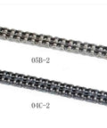 Heavy Duty Double Row Roller Chain 04C 2 Or 05B 2 Specs For Industrial Drives showing 04C-2 and 05B-2 chains in parallel.