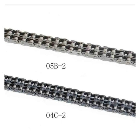 Heavy Duty Double Row Roller Chain 04C 2 Or 05B 2 Specs For Industrial Drives showing 04C-2 and 05B-2 chains in parallel.