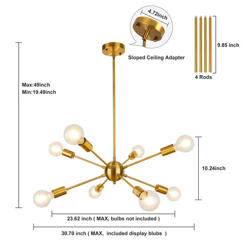Gold Sputnik Light Fixture With 8 Lights, Modern Brass Chandelier For Dining Room Kitchen Living Room Bedroom Entryway Foyer, Adjustable Height Hanging Light With Sloped Ceiling Adapter, Lit Glam Rustic Modern Ceiling Light