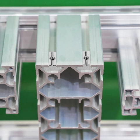 Close-up of T Slot Nuts secured in aluminum extrusion profiles for CNC routers, part of 50 Pack T Slot Nuts Carbon Steel Sliding Fasteners For Aluminum Tracks CNC Routers DIY Shop Builds Heavy Duty Drop In Hardware That Stays True No Fuss Workshop Gear.