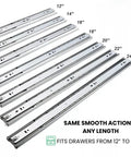 Soft Close Drawer Slides 24 Inch Full Extension Ball Bearing Side Mount Glides shown in various sizes up to 24 inches