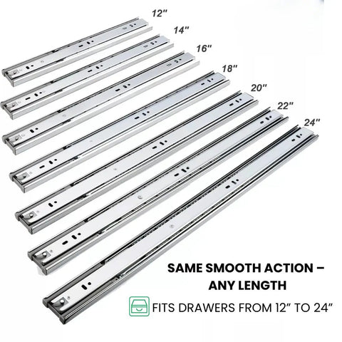 Soft Close Drawer Slides 24 Inch Full Extension Ball Bearing Side Mount Glides shown in various sizes up to 24 inches