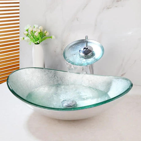 Dope Sleek Oval Glass Vessel Sink and Waterfall Faucet Combo With Pop Up Drain and Mounting Ring for Modern Bathroom Vanity