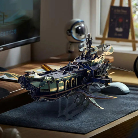 Epic 3D Steampunk Whale Airship Wooden Model Kit For DIY Puzzle Building With Mechanical Motion And Sound Effects Laser Cut Craft Kit For Fantasy Bookshelf Decor 472 Pieces on a desk.
