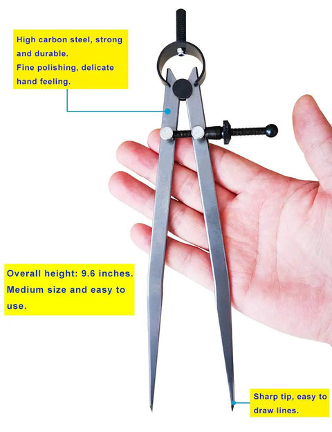 Heavy Duty 8 Inch Adjustable Steel Wing Divider With Rock Solid Locking Pin For Leather Crafting And Woodworking No Nonsense Precision Circle Gauging Tool in hand showing polished steel design.