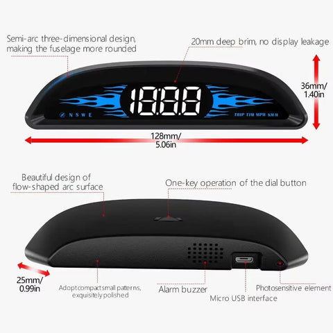 Smart GPS Head Up Display With Anti Glare Hd Screen For Chevrolet Volt Bolt Ev Blazer Ev showing dimensions and design features.
