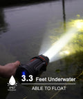 Hand using 2000 Lumen Marine Spotlight Waterproof Rechargeable Handheld Flashlight For Boats With IP67 Rating in water, floating