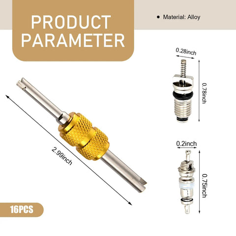 16 Piece Car AC Valve Core Repair Kit For R134a R12 Systems Tool and Valve Core Dimensions