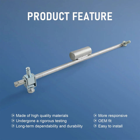 Transfer Case Shifter Linkage And Bushing Kit For Dodge Ram With Manual Shift 241 And 271 Transfer Cases 2005 2012 2500 3500 Diesel Models Includes 55366066AB And 68078974AA Components. silver linkage rod with bushing and mounting ends on blue background