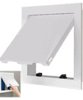 Heavy Duty 14 X 24 Inch Drywall Access Panel Magnetic Push To Open White Seamless Flush Door in use with easy grip handle.