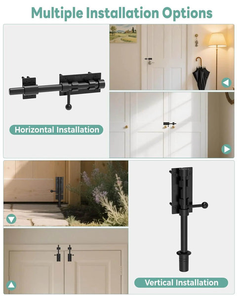 304 Stainless Steel Slide Bolt Gate Latch 8 Inch Sliding Barrel Bolt Door Lock shown in multiple installation options