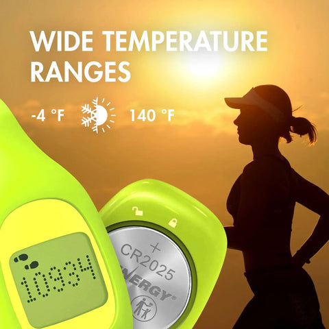 Straight Up Reliable CR2025 3V Lithium Button Batteries 10 Pack Heavy Duty Coin Cells next to fitness tracker in sunset.
