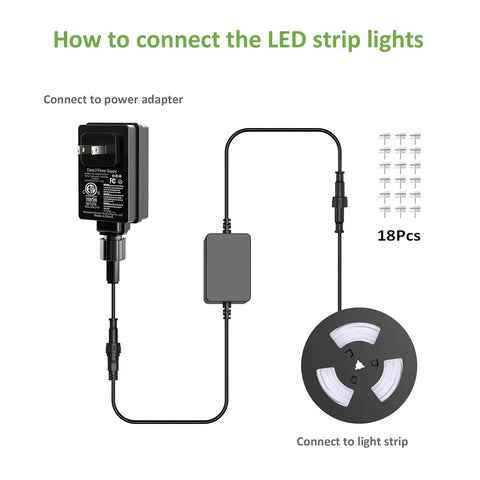 Diagram of connecting power adapter to 52.5ft Rainbow RGB IC LED Strip Lights Outdoor With Music Sync for setup