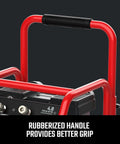 Close-up of the rubberized handle on a Heavy Duty 12 Gallon Air Compressor Powers Up Silky Quiet with 1.5 HP engine for better grip.