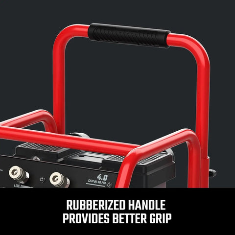 Close-up of the rubberized handle on a Heavy Duty 12 Gallon Air Compressor Powers Up Silky Quiet with 1.5 HP engine for better grip.