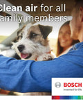 Family and dog in car with Bosch logo, highlighting clean air benefits from HEPA Cabin Air Filter for Acura and Honda cars.