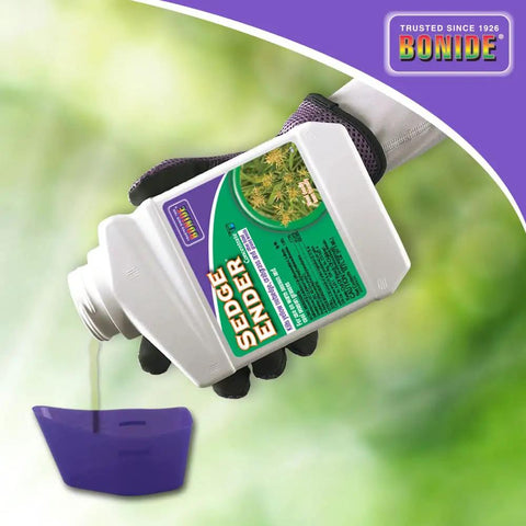 Sedge Ender Concentrated Weed Killer For Lawns 16 Oz bottle being poured into measuring cup
