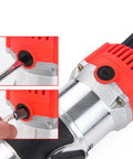 Electric Wood Slotting Machine With Aluminum Construction And Precise Electronic Components, Easy To Operate And Accurate Measuring For Wood Trimming, Edge Banding, And Crafting Christmas Decorations, Built Tough For Home Shops. Red router close-up