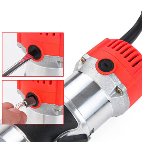 Electric Wood Slotting Machine With Aluminum Construction And Precise Electronic Components, Easy To Operate And Accurate Measuring For Wood Trimming, Edge Banding, And Crafting Christmas Decorations, Built Tough For Home Shops. Red router close-up