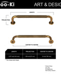 Diagram of Six Pack 5 Inch Antique Brass Cabinet Handles with Linear Coin Edge Texture showing dimensions and features.
