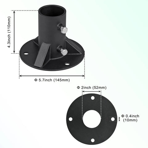 2 Inch Floor Flange Chain Link Fence Post Bracket Beefy Heavy Duty Steel Base with dimensions for Round Posts OD 1 7 8 Inch