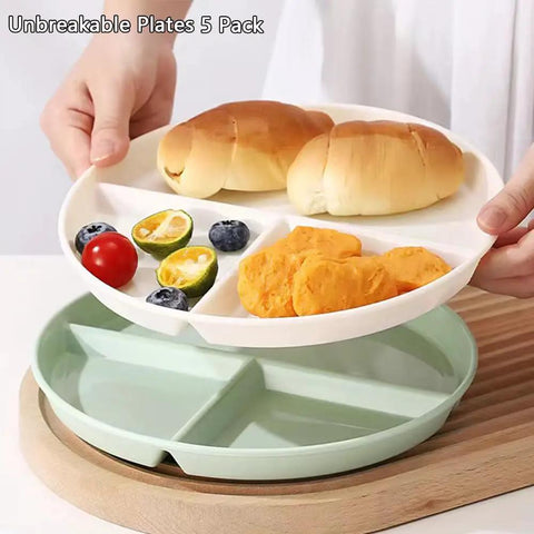 Five Pack 9 Inch Unbreakable Portion Control Plates With Three Compartments Reusable BPA Free Dinner Plates For Balanced Meals And Adults Ideal For Easy Meal Prep And Healthy Eating displayed with food