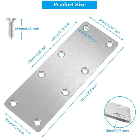 Image showing Four Pack Badass Stainless Steel Flat Mending Plates For Wood Diy Fixes And Shelf Building Hella Sturdy Straight Connectors Rust Proof Hardware With Installation Screws size 140 x 50mm.