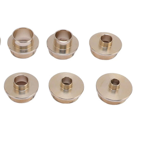 Badass Brass Router Template Guide Bushing Set With Heavy Duty Carrying Case Precision Machined Rails showing eight brass router bushings.